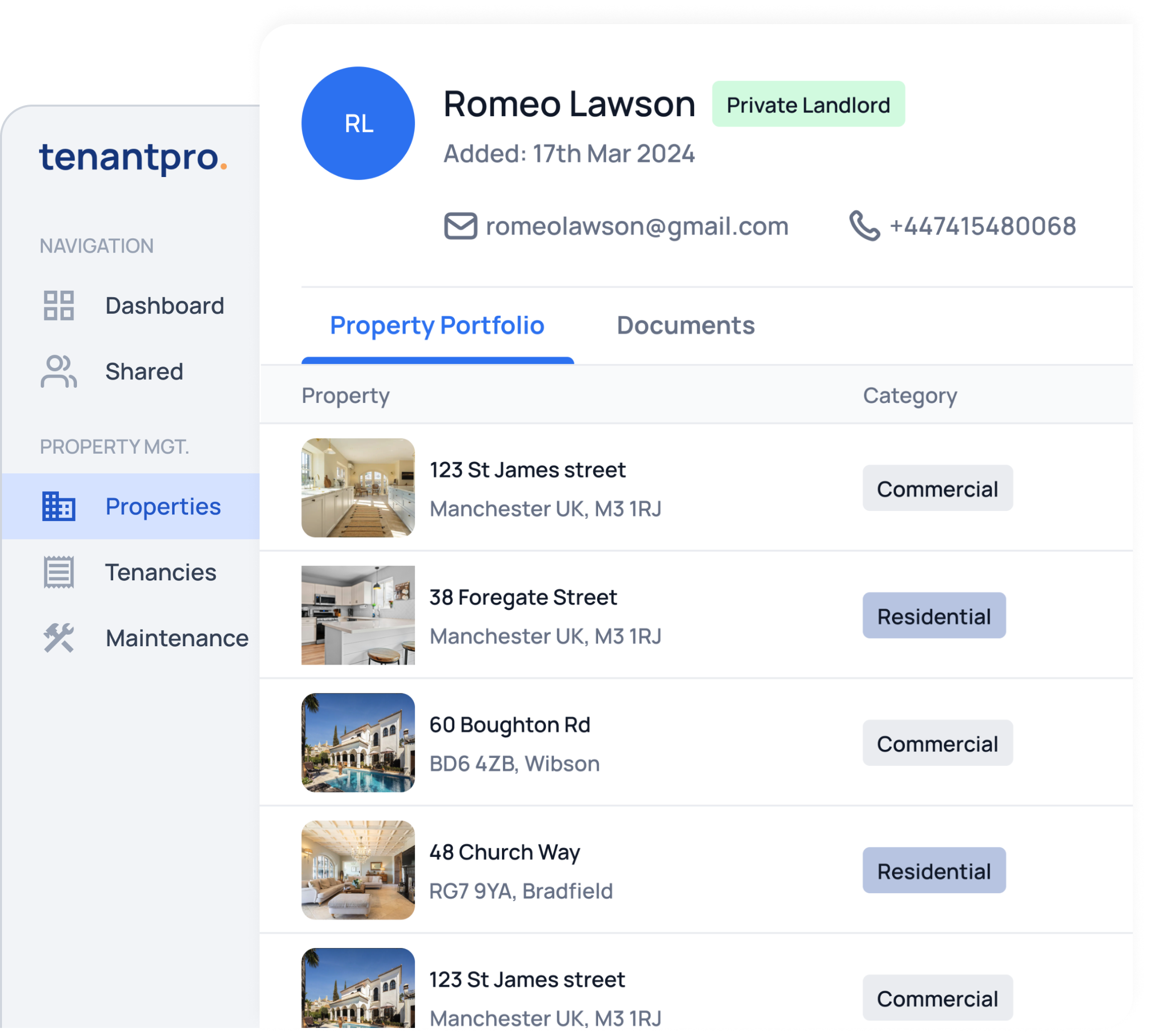 Screenshot of landlord dashboard