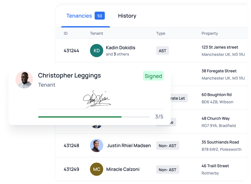 a screenshot of tenancies table with a tenant signature