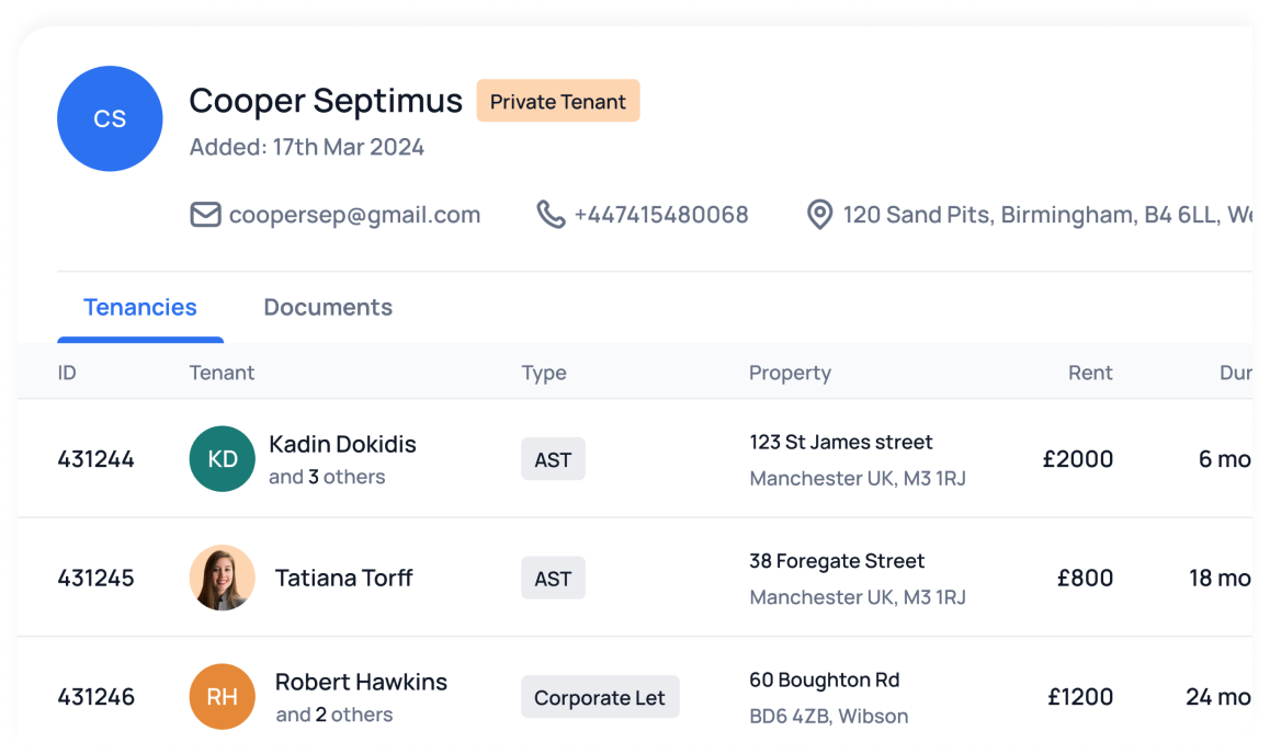 screenshot of tenant table