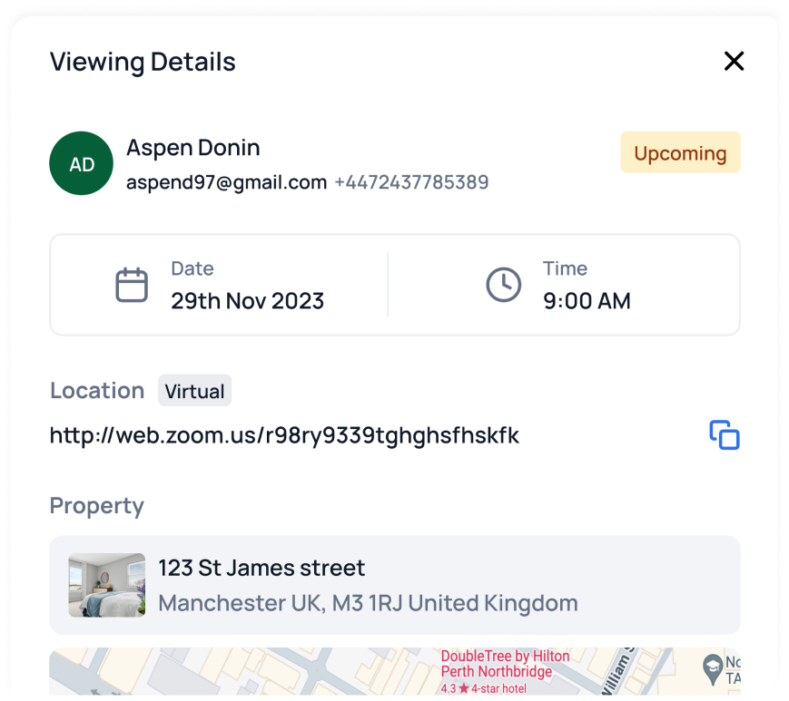 Screenshot of viewings details